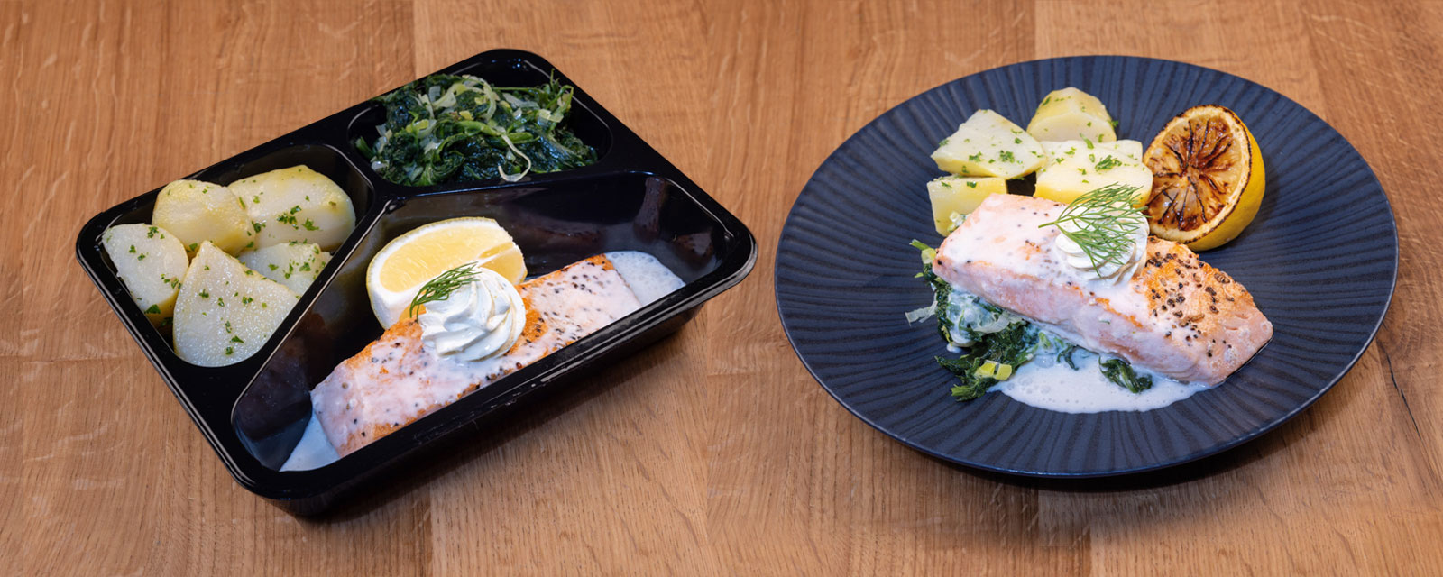 Mittagessen für Firmen mit hochwertigen Lebensmitteln und einfacher Zubereitung - Beispielbild: Lachs mit Petersilkartoffeln auf Grüngemüse